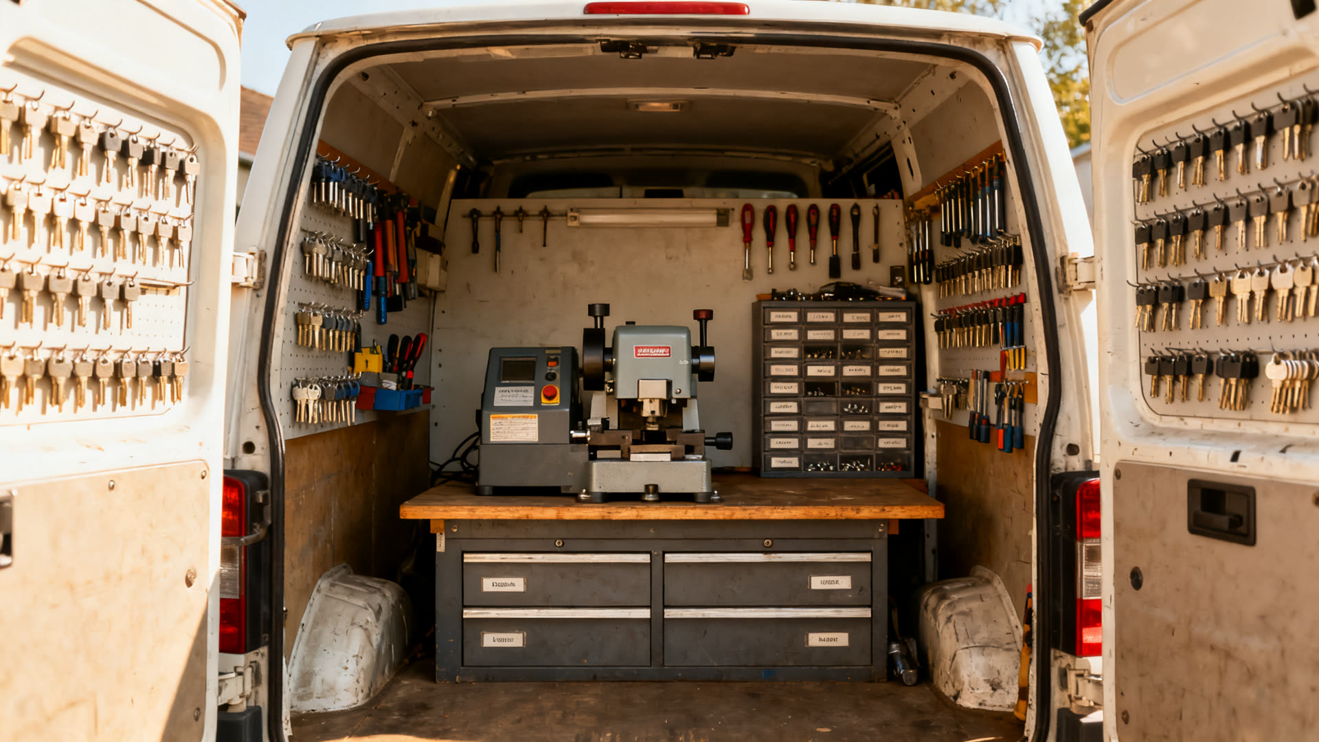 Interior of a mobile locksmith work van with key machines and racked tools