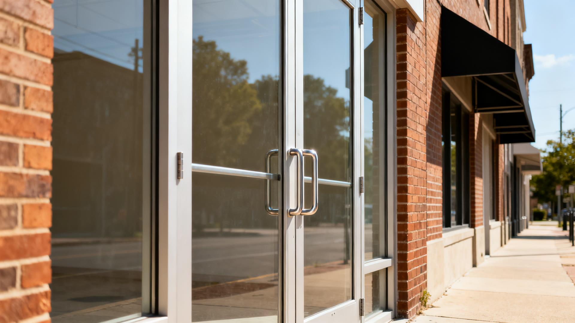 A commercial storefront door with a stainless push bar on a clear morning