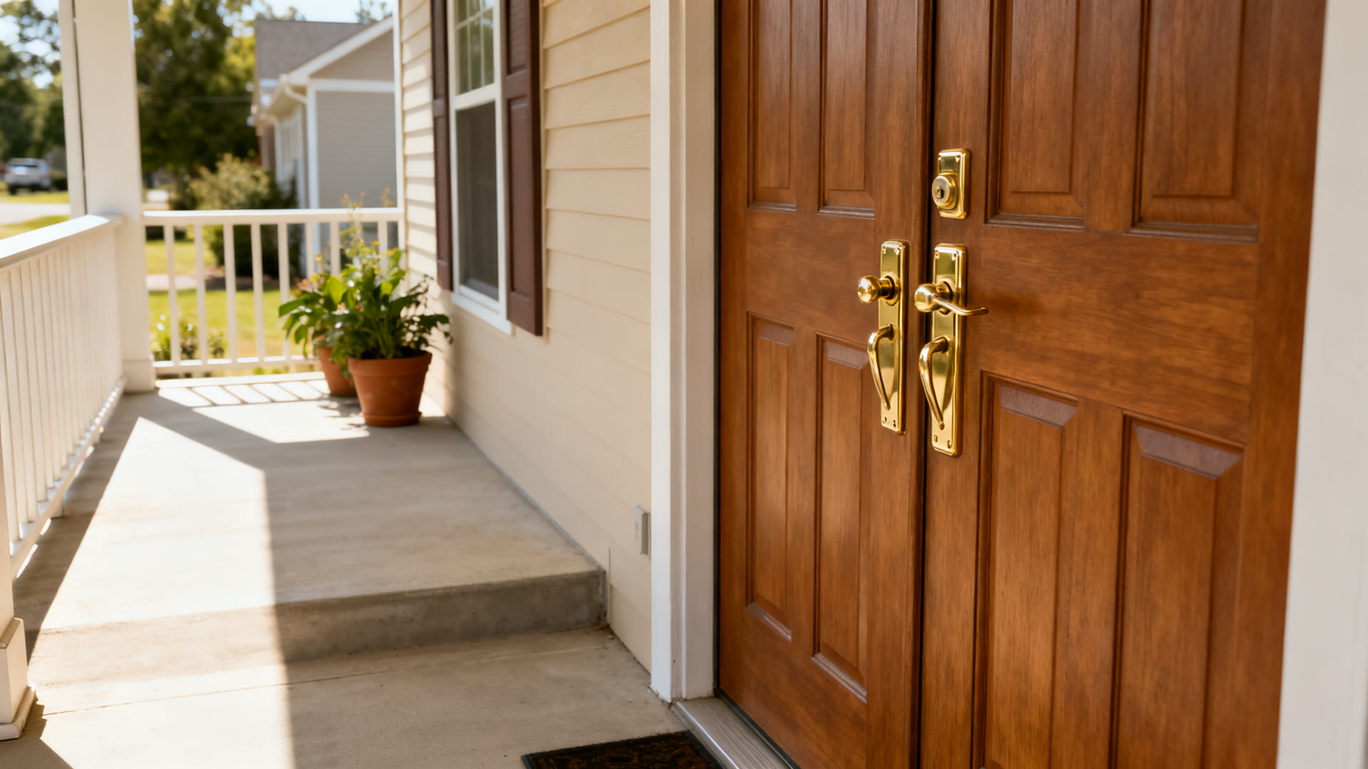 A brass deadbolt being fitted into a solid wood front door